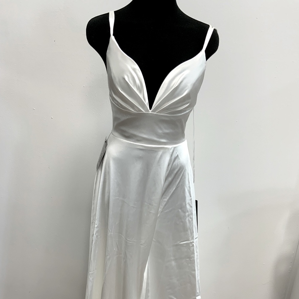 Long satin off white dress , with draping and strappy back detail
